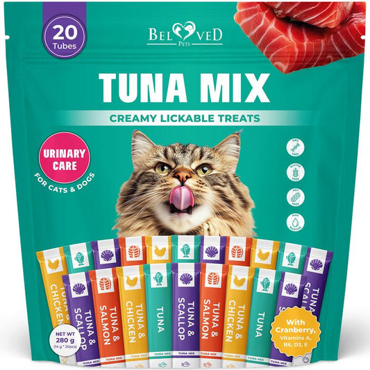 Beloved Pets Creamy Lickable Cat Treats & Wet Squeeze Tubes – Chicken & Tuna Mix, Liquid Cat Snacks, Dual Support Urinary & Skin Care, Multivitamin Treats for Cats & Small Dogs (20 Sticks, Tuna Mix)