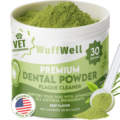 Wuffwell Premium Dental Powder for Dogs - Natural Beef Flavor Formula for Tartar Reduction & Oral Health Support - Vet Recommended, Easy Application, 30 Servings