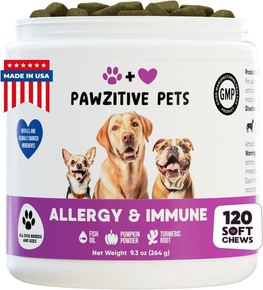 Pawzitive Pets Dog Allergy Relief Chews for Itchy Skin, Paw Licking & Shedding – USA Product - Skin & Coat Support with Omega 3, Quercetin & Turmeric