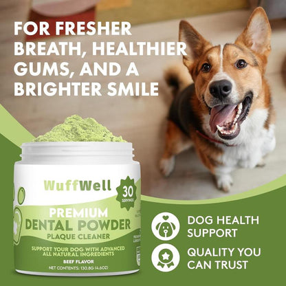 Wuffwell Premium Dental Powder for Dogs - Natural Beef Flavor Formula for Tartar Reduction & Oral Health Support - Vet Recommended, Easy Application, 30 Servings