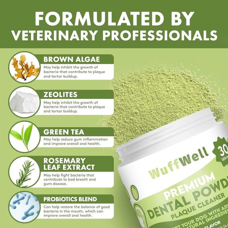 Wuffwell Premium Dental Powder for Dogs - Natural Beef Flavor Formula for Tartar Reduction & Oral Health Support - Vet Recommended, Easy Application, 30 Servings