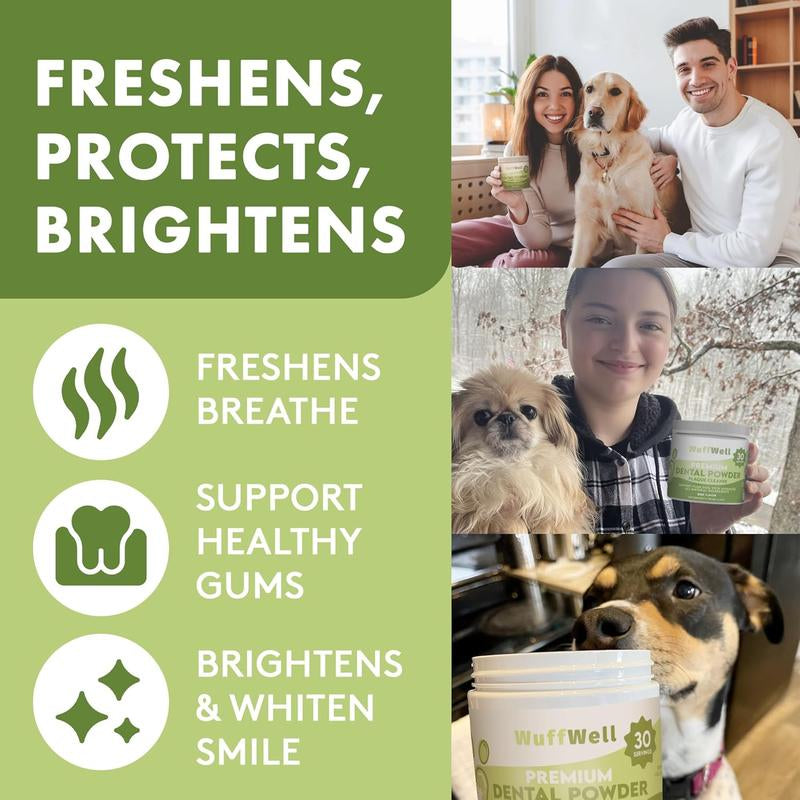 Wuffwell Premium Dental Powder for Dogs - Natural Beef Flavor Formula for Tartar Reduction & Oral Health Support - Vet Recommended, Easy Application, 30 Servings