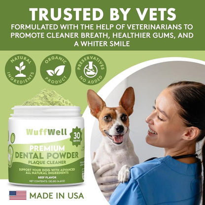 Wuffwell Premium Dental Powder for Dogs - Natural Beef Flavor Formula for Tartar Reduction & Oral Health Support - Vet Recommended, Easy Application, 30 Servings
