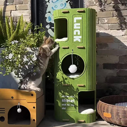 Three-Tiered Multifunctional Felt Bed with Cave House Cat Climbing Frame, Instinct-Inspired Design, Large Ventilation Holes, Optional Scratching Posts, Space-Saving and Removable